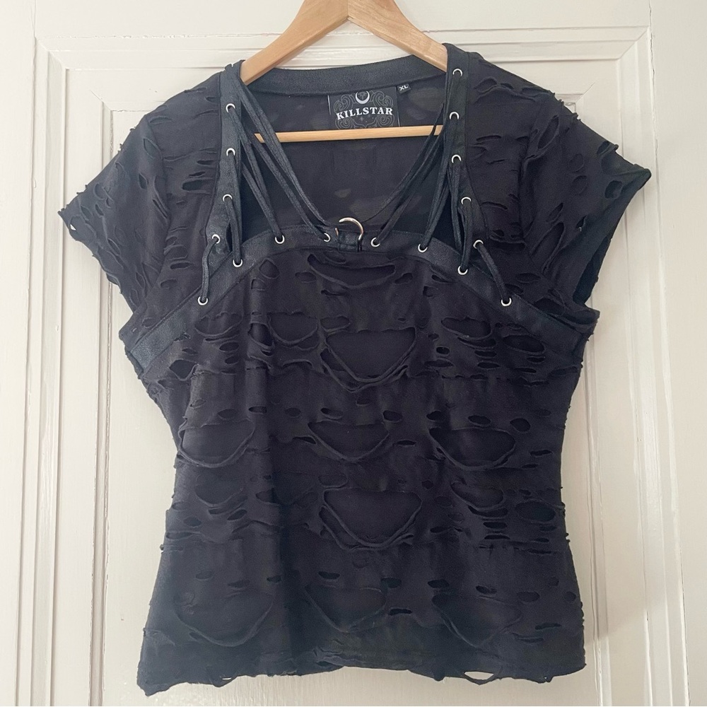 Black Distressed Strappy Short Sleeve Top - Picture 2 of 9